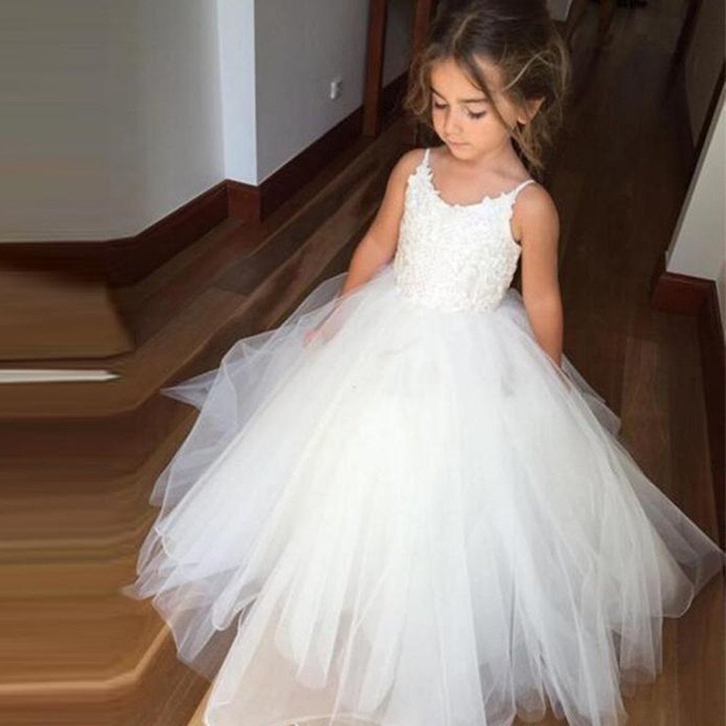 Spaghetti Lace Top White Tulle Flower Girl Dresses For Wedding Party, M1187
