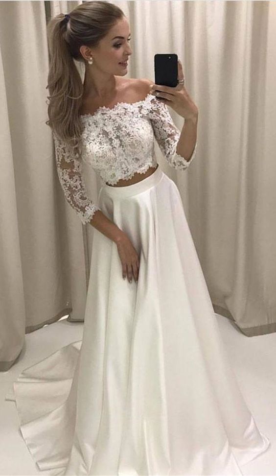 Two Piece Off-the-shoulder 3/4 Sleeves White Prom Dress With Lace M1216