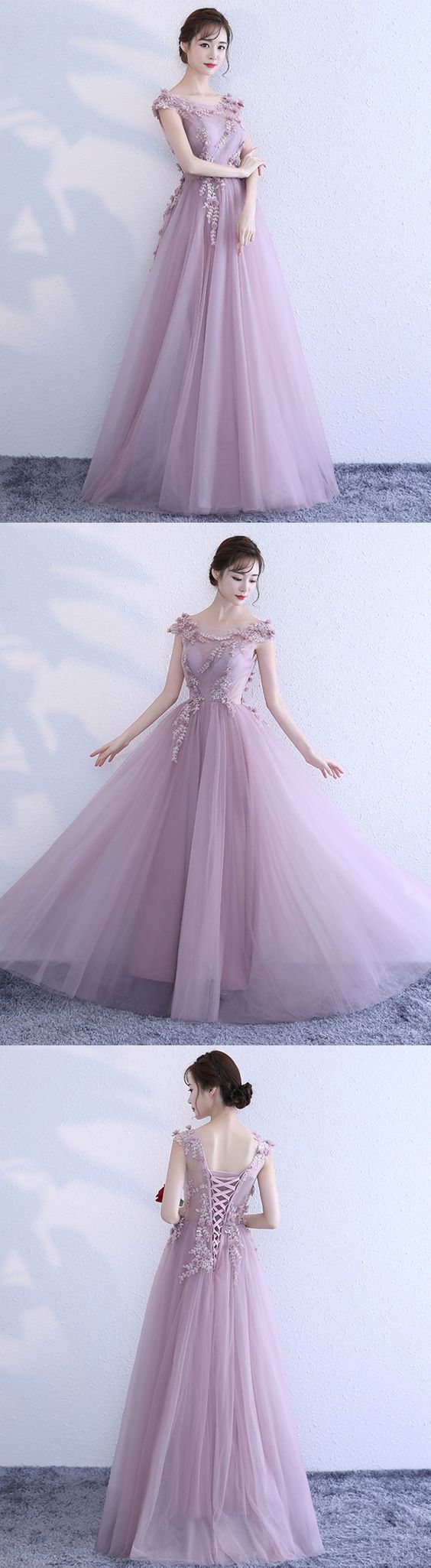 Pink lace tulle long prom dress, pink evening dress M1224