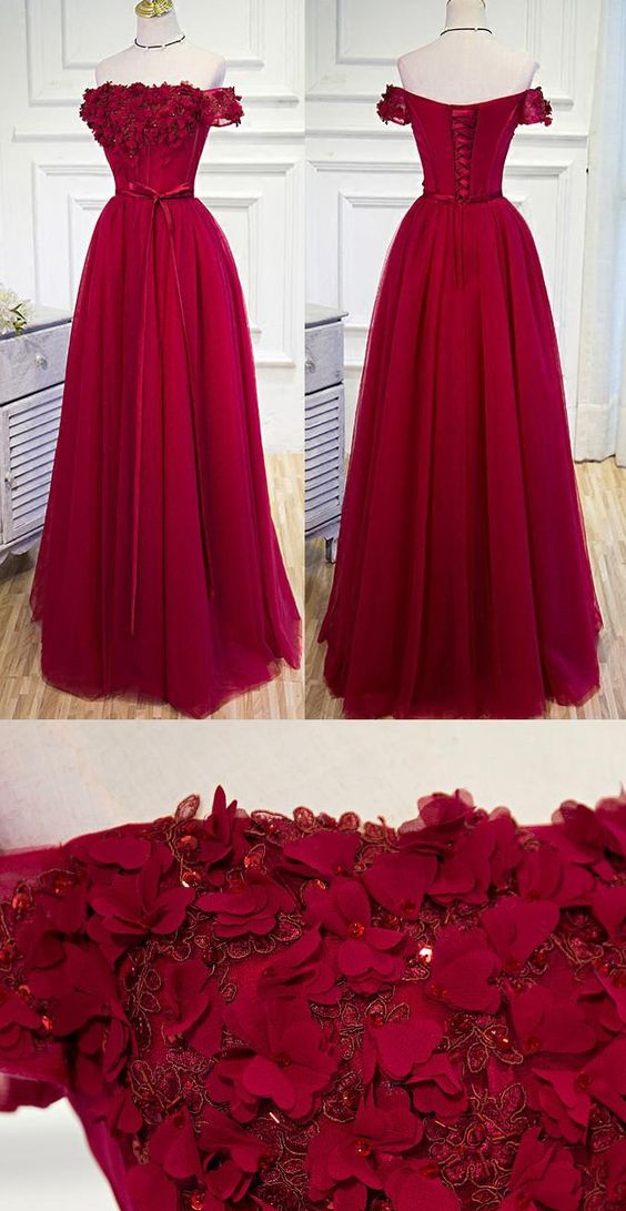 Off-the-shoulder Prom Dresses, Burgundy Long Prom Dresses, Prom Dresses Burgundy Hand-made Flower Prom Dress/evening Dress M1243