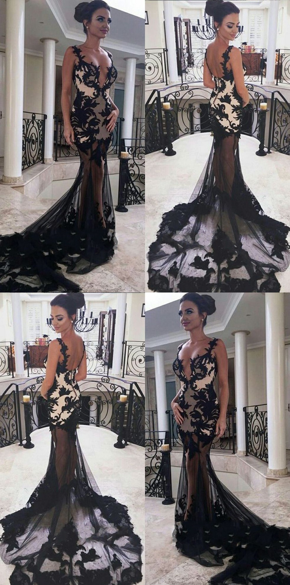 Black Seen Through Sexy Spaghetti Strap Lace Mermaid Long Prom Dresses