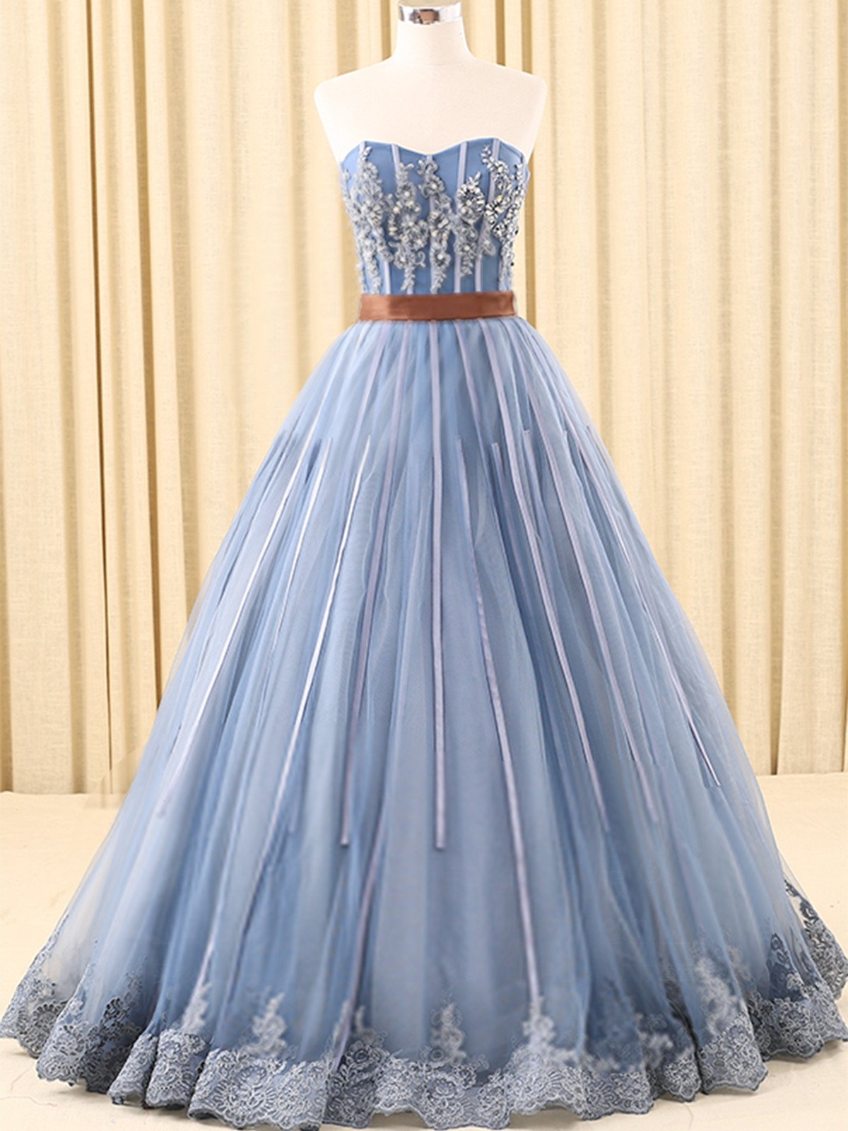 A-line Sweetheart Floor-length Tulle Ink Blue Prom Dresses With Rhine Stones M1252