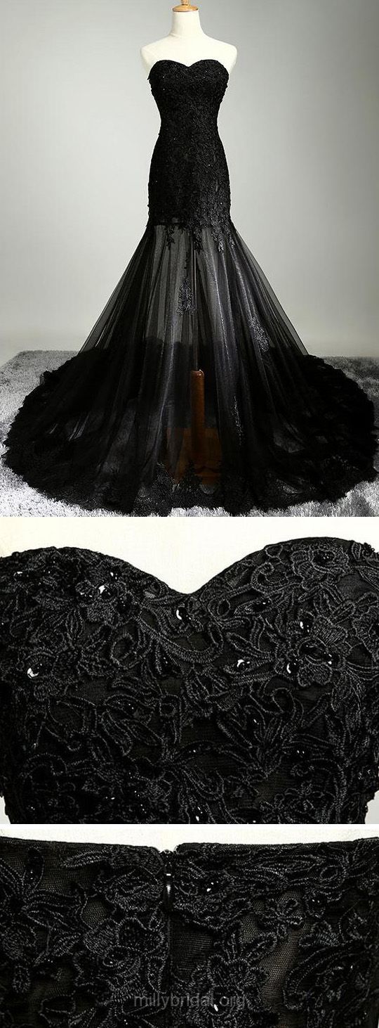 Trumpet/mermaid Black Tulle Court Train Appliques Lace Fabulous Prom Dresses M1263