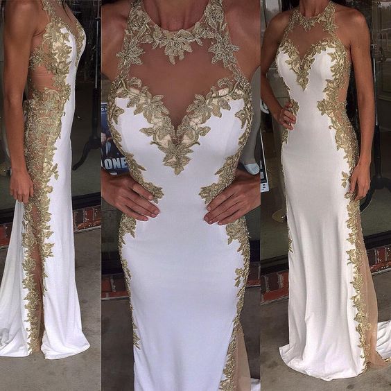 White Prom Dresses Long With Gold Details And See Through Side Lace Appliques Sexy Prom Gowns With High Neck Custom Made M1305