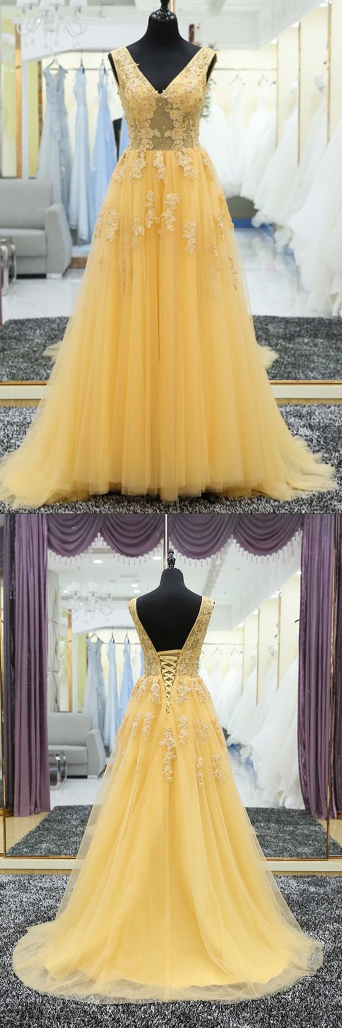 Yellow Tulle Tulle Lace Applique V-neck Long Prom Dress, Evening ...