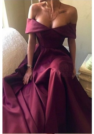 Simple Burgundy Off Shoulder Long Satin Prom Dresses M1313