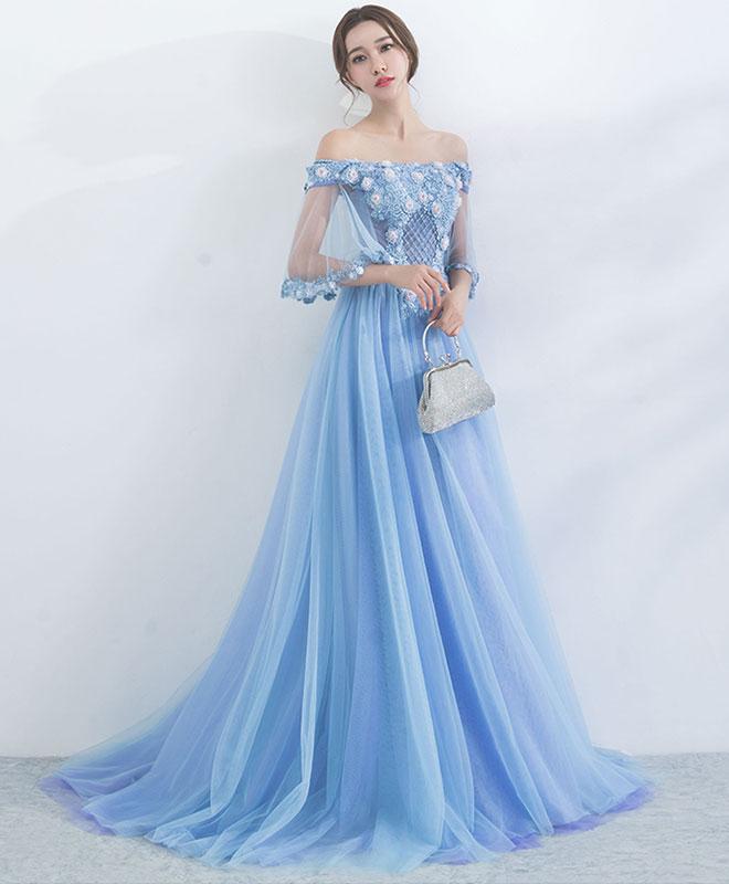 Unique Blue  Tulle Off Shoulder Long Prom  Dress  Blue  