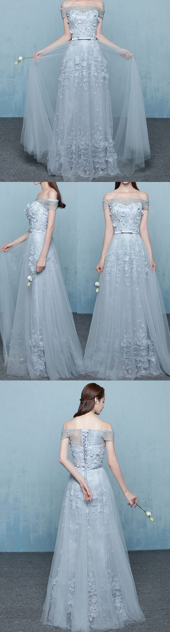Lace Appliqued And Beaded Long Dresses Steel Grey