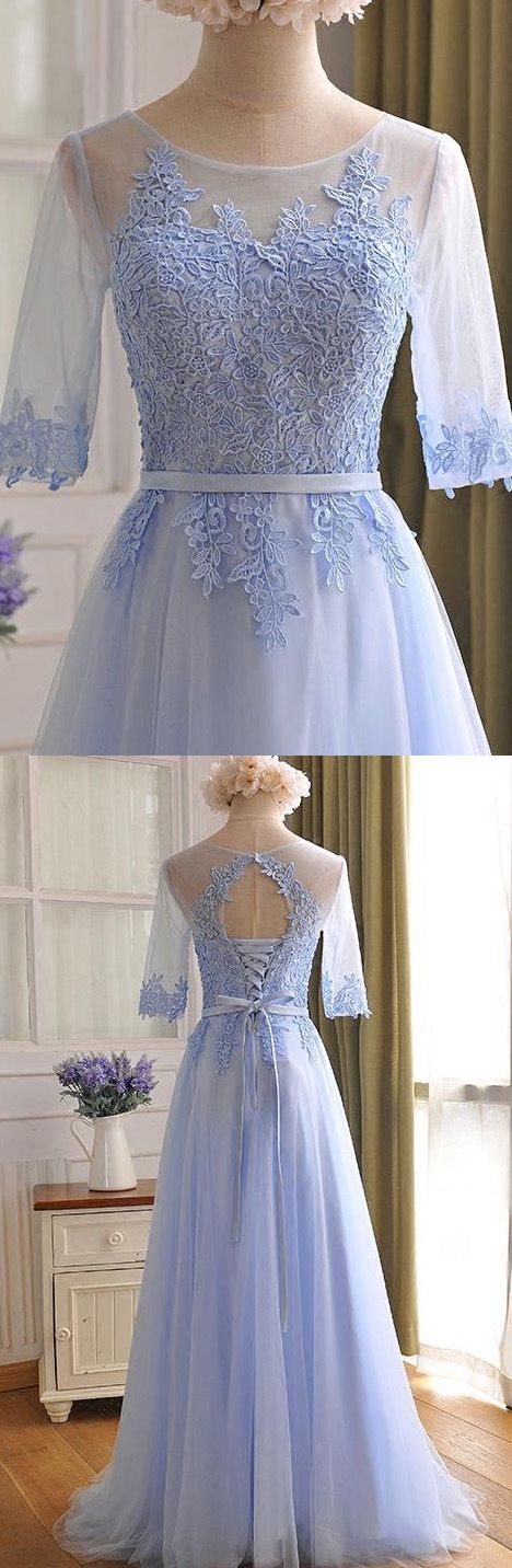 Customized A-line/princess Prom Evening Dresses Long Light Blue Dresses With Lace Up Applique Floor-length Appealing Prom Dresses M1392