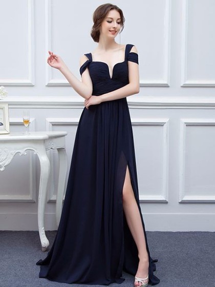 A-line V-neck Chiffon Sweep Train With Split Front Bridesmaid Dresses M1397