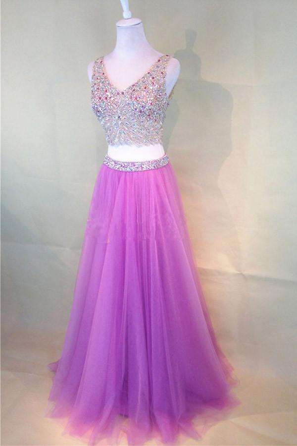 Fuchsia Pink Two-piece Fashion Beaded V-neck Tulle Prom Dress M1427