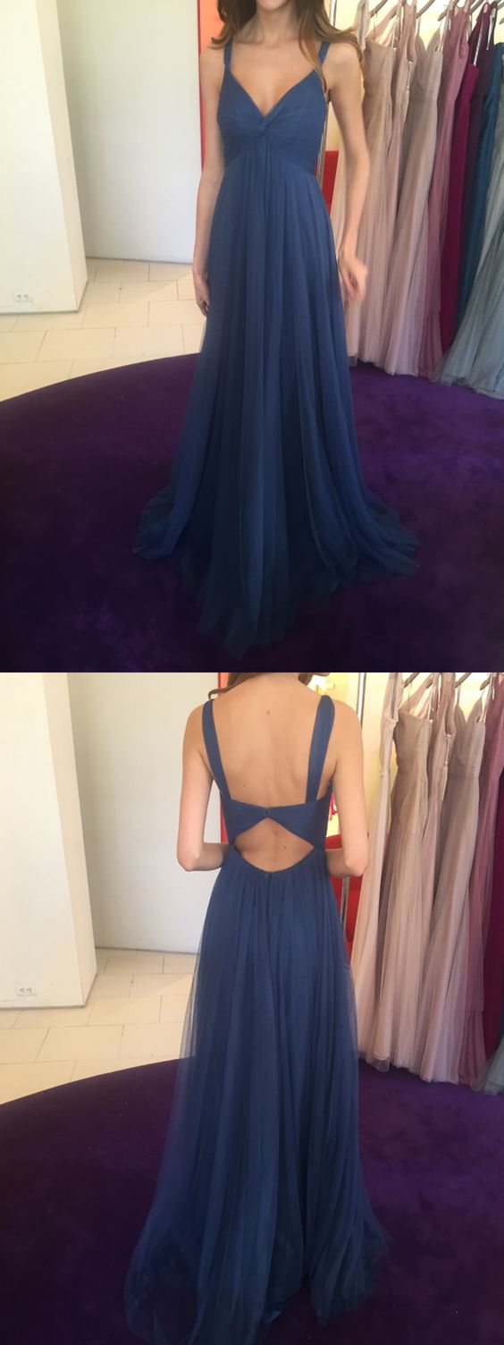 A-line Straps Open Back Dark Blue Prom Dress With Pleats M1430
