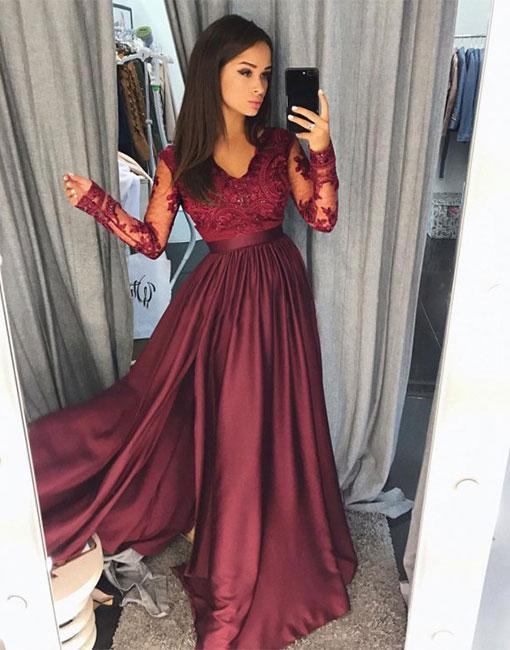 Long Sleeve Lace Dark Red Side Slit A Line Long Evening Prom Dresses, Popular Long Custom Party Prom Dresses, M1431