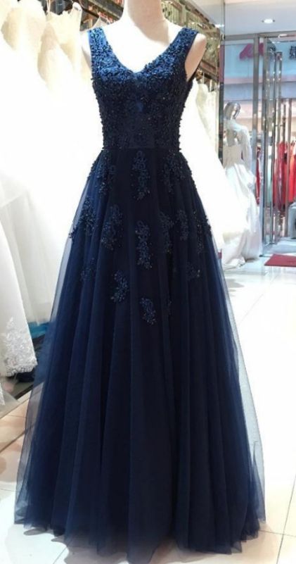 Floor Length Prom Dresses, Navy Blue Floor-length Prom Dresses, Floor-length Long Prom Dresses, V-neck Navy Blue Lace Tulle Beading Long Backless