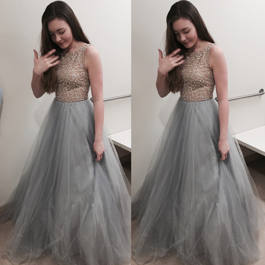 Floor-length A-line Grey Ball Gown Crew With Beaded, Elegant Round Neck Sleeveless Long Prom Dress, M1447