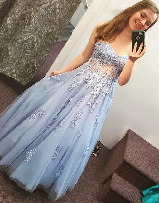 Blue Lace Tulle Long Prom Dress, Sweetheart Evening Dress M1455