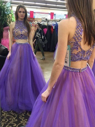 Sexy Two Pieces Prom Dress, Tulle Long Prom Dress, Purple Beading Prom Dress M1458