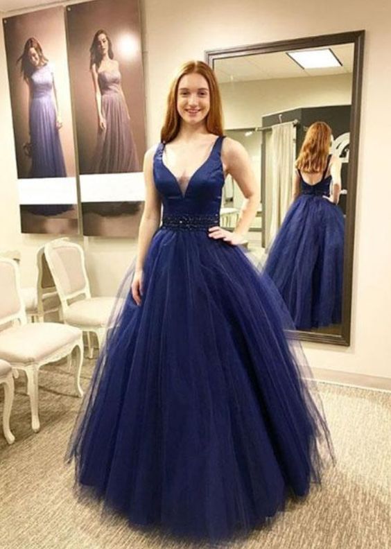 A-line Scoop Floor-length Navy Blue Prom Dress With Beading M1461