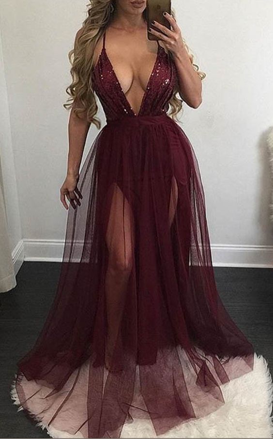 Sexy A-line Prom Dress - Wine Deep V-neck Sleeveless Sweep Train Sequins M1468