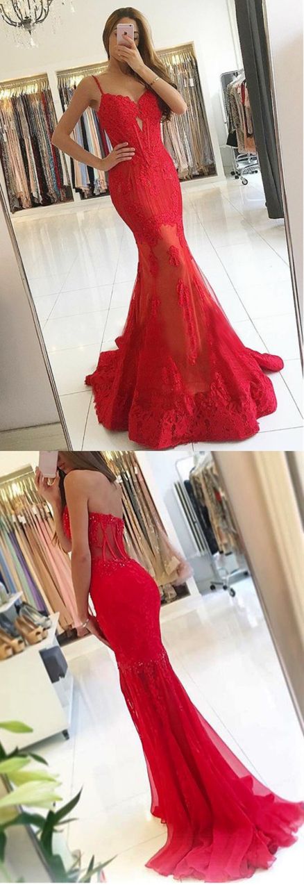 Mermaid Spaghetti Straps Sweep Train Red Prom Dress With Appliques M1480