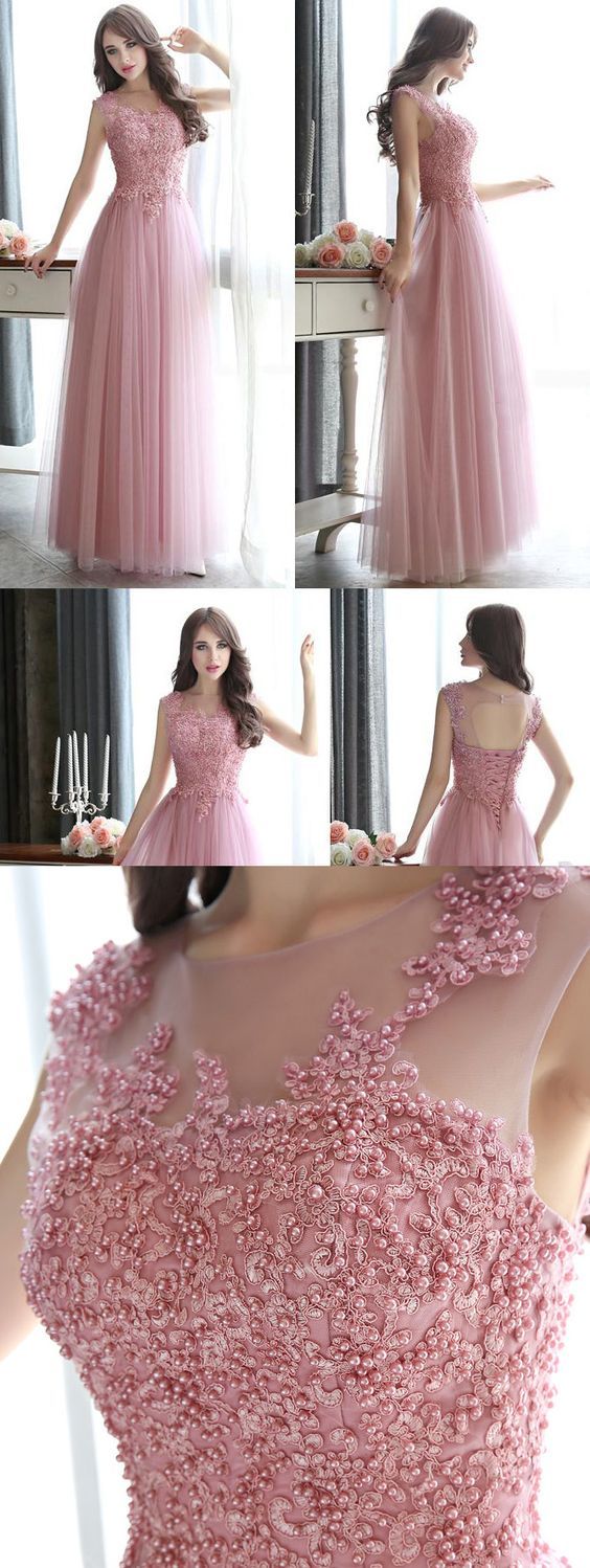 Open Back Pearl Beaded Prom Dresses, All Over Beaded Pink Prom Dress, Modest Illusion Long Prom Dresses With Lace Appliques M1504