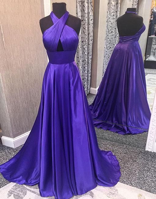 Satin Tie-halter Floor Length A-line Formal Dress Featuring Cutout Front And Open Back, Prom Dress M1536