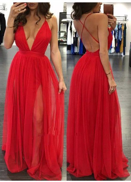 A-line Deep V-neck Floor-length Backless Red Prom Dress With Ruched M1547