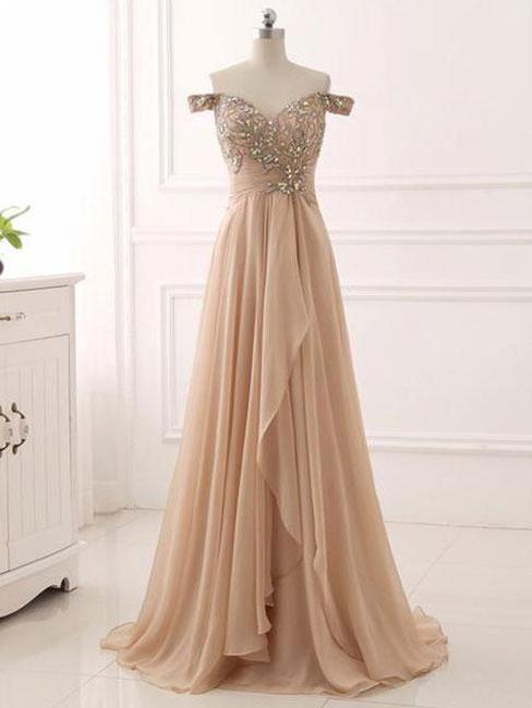Chic A-line Prom Dresses Long Off-the-shoulder Prom Dress Evening Dresses With Beading M1553