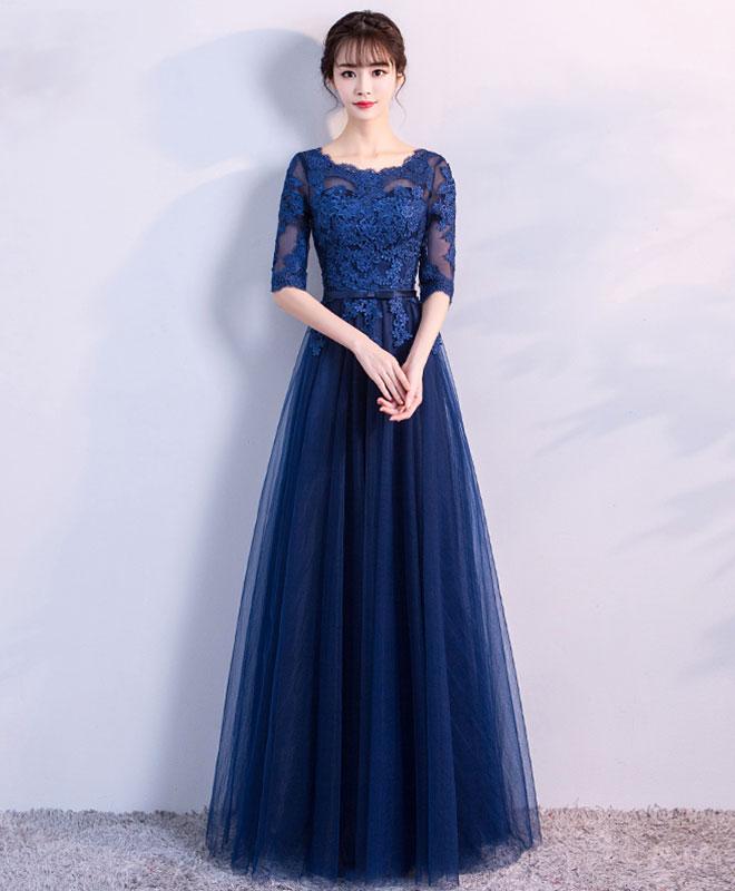 Blue Tulle Lace Long Prom Dress, Lace Evening Dress M1600