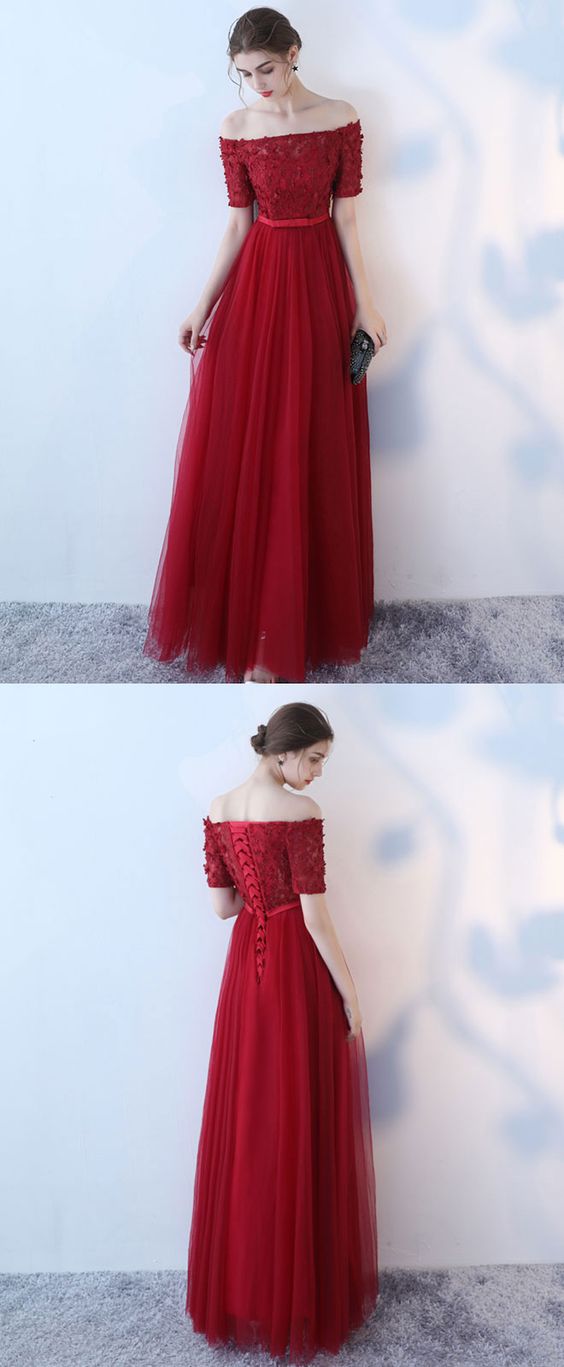 Burgundy Tulle Off Shoulder Long Prom Dress, Burgundy Eveninng Dress M1652