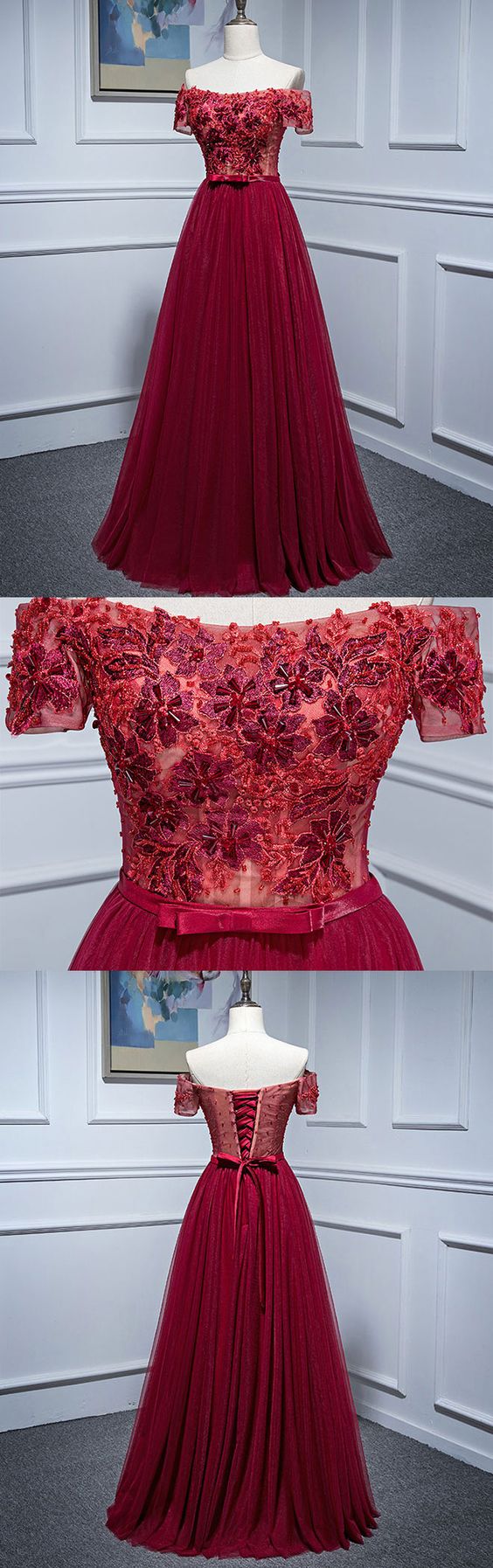 Burgundy Lace Off Shoulder Long Prom Dress, Burgundy Evening Dress M1653