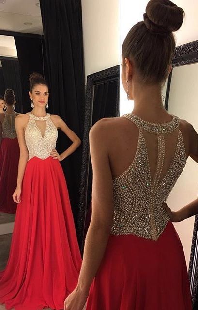 Crystals Beaded Chiffon Prom Dresses Halter Red Chiffon Floor Length Party Evening Dresses M1654