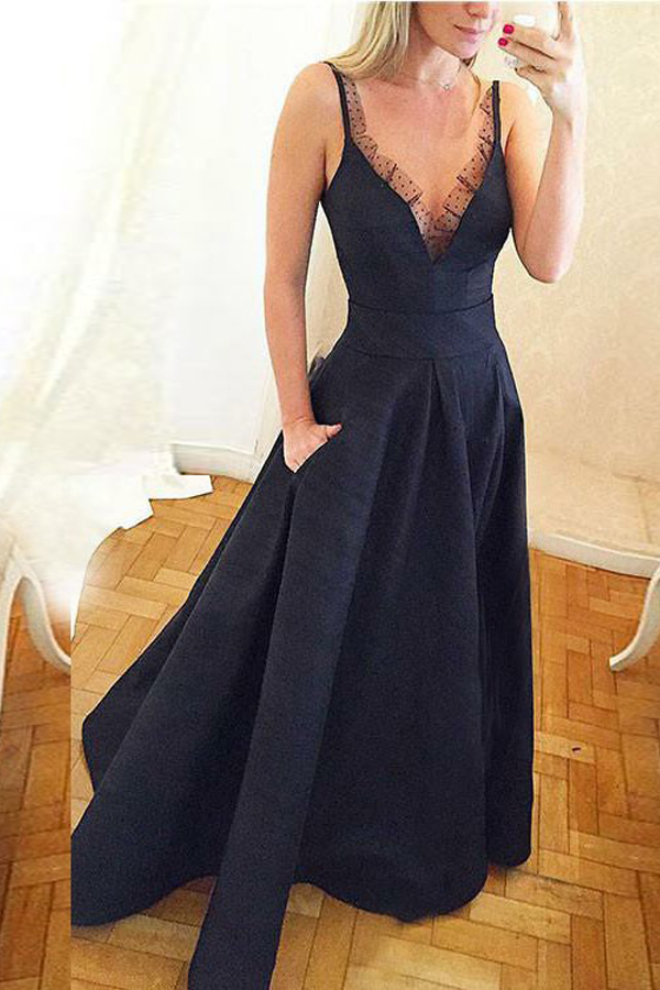 Elegant A-line Spaghetti Straps Satin Floor Length Prom Dress With Lace Pocket M1689