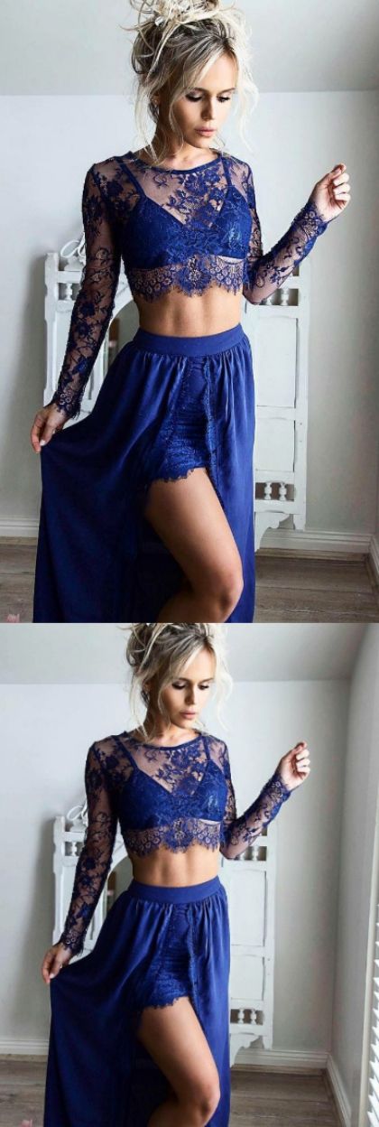 A-line Prom Dresses, Royal Blue Prom Dresses, Two Piece Prom Dresses With Side Split Long Sleeve Round Neck M1701