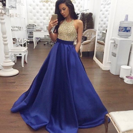 A-line Halter Backless Royal Blue Satin Prom Dress With Beading Pockets M1712