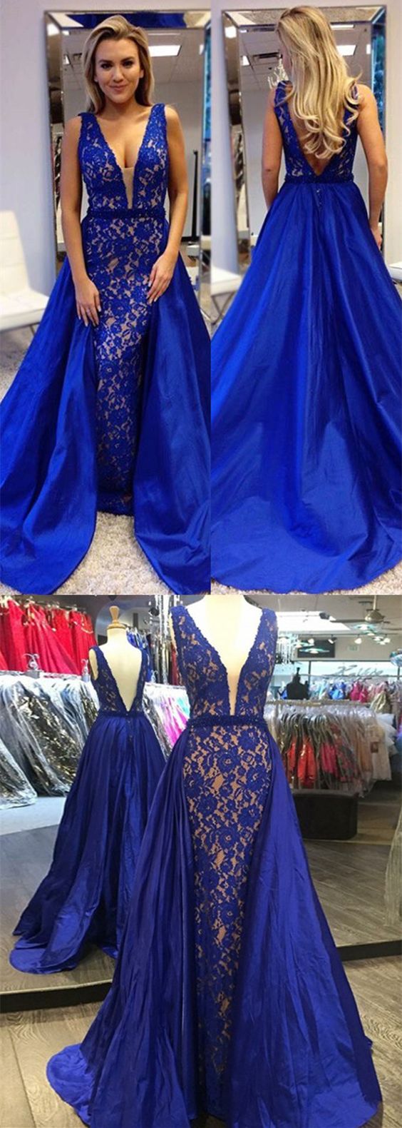 A-line V-neck Sweep Train Royal Blue Stretch Satin Prom Dress With Lace Beading M1714