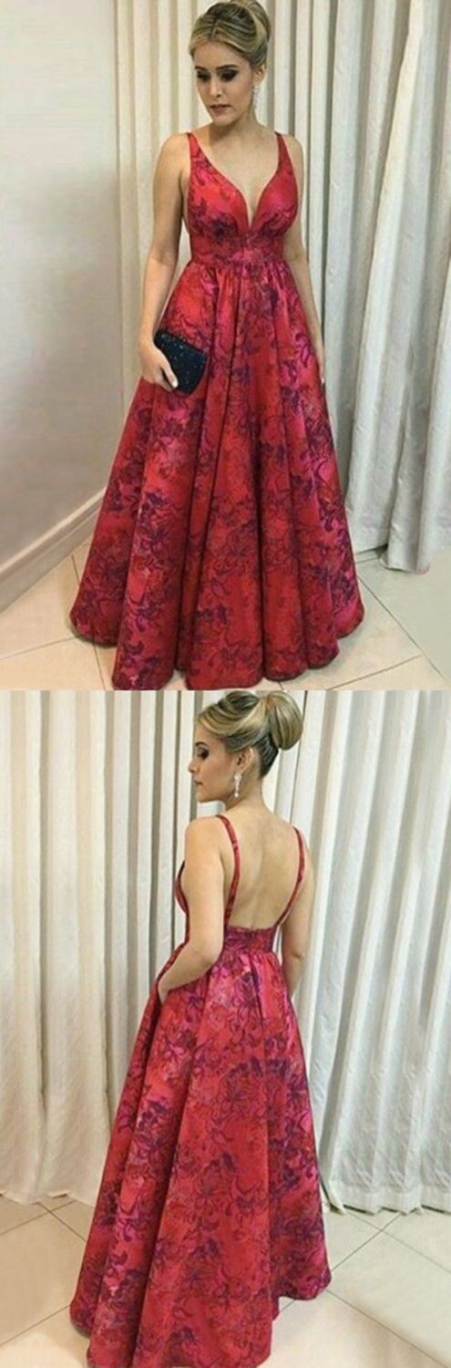 A-line Deep V-neck Floor-length Red Printed Satin Backless Prom Dress M1716