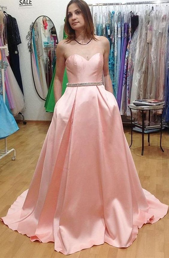 Custom Made Pink Sweetheart Neckline Sweep Train Satin A-line Long Evening Dress, Prom Dresses, Wedding Gowns