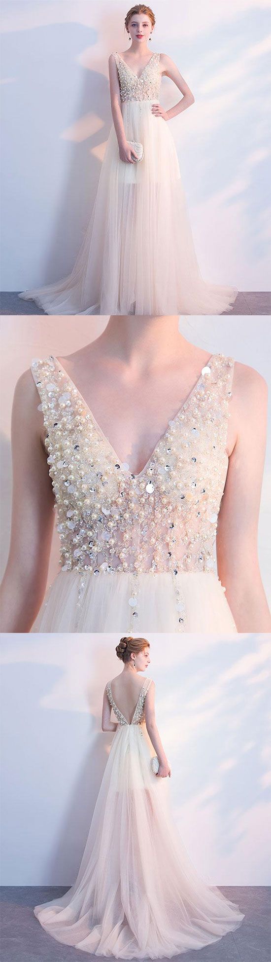 Custom Made V-neckline Pearl And Sequin Beaded Tulle Formal Long Evening Dress, Prom Dresses, Wedding Gowns