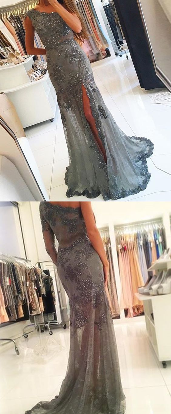 Sheath One Shoulder Grey Tulle Prom Dress With Beading Appliques Split M1753
