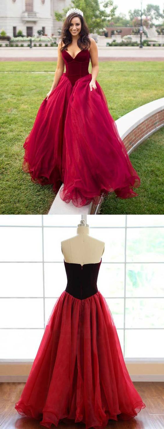 Ball Gown Sweetheart Sleeveless Floor-length Dark Red Tulle Prom Dress M1777