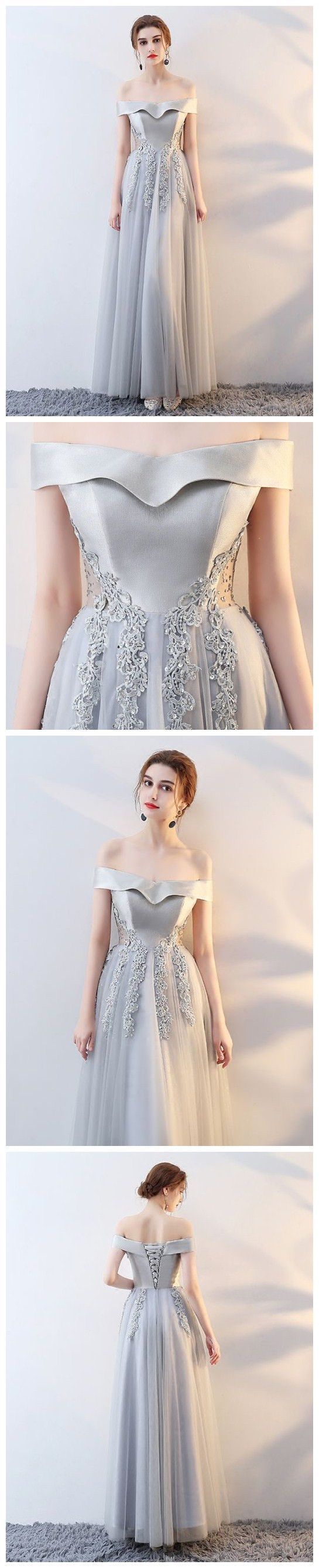 Charming Silver Gray Prom Dress, Long Prom Dresses, Off The Shoulder Evening Dress M1786