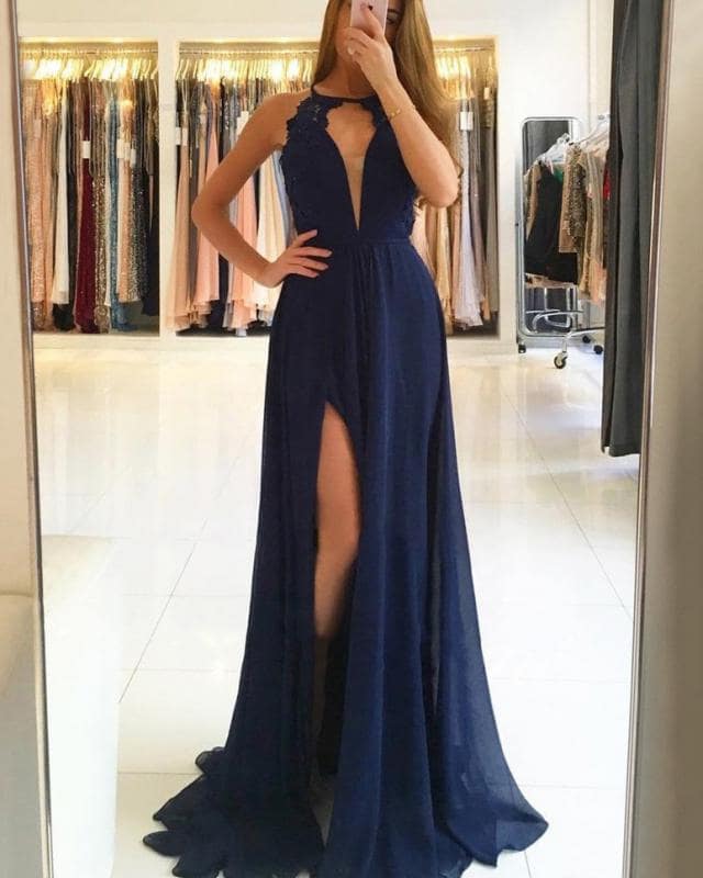 Fashion A-line Halter Split Front Long Prom/evening Dress With Lace M1837