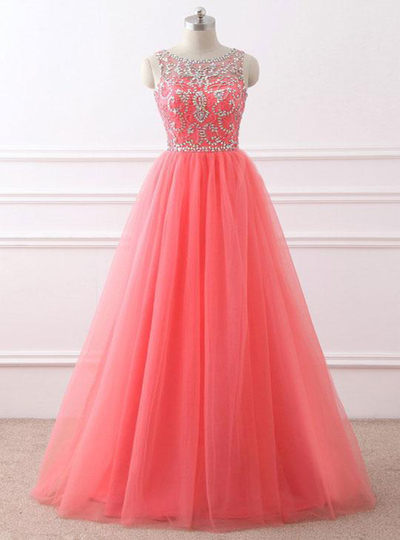 Coral Tulle Scoop Neck Long Halter Open Back Sweet 16 Prom Dress With Silver Beadings M1857