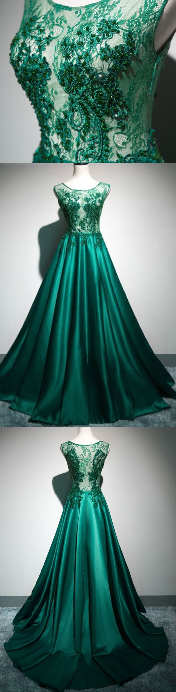 Deep Green Satin Long Lace Top See Through Evening Dresses, Long Halter Winter Formal Prom Dress M1860