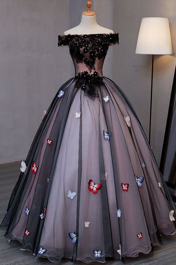 Princess Black Tulle Off Shoulder Long Evening Dress With Butterfly Appliqués, Long Strapless Black Prom Dress M1891