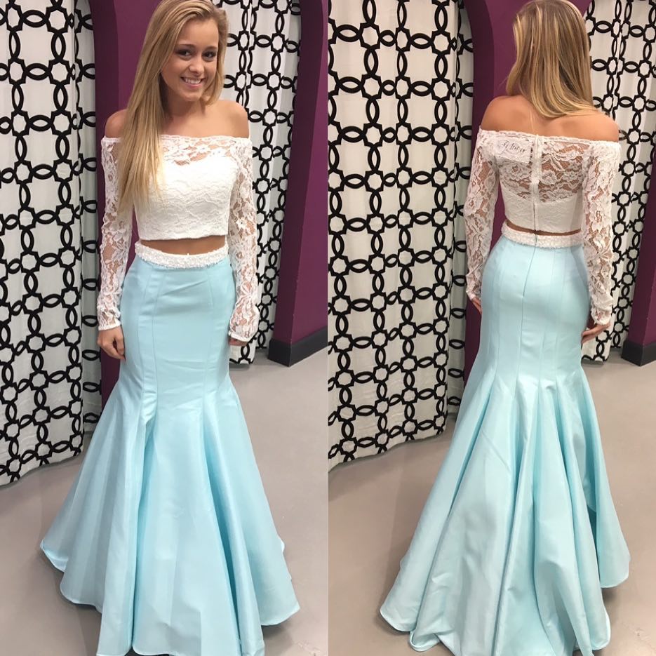 Gorgeous Two Piece Off The Shoulder White Lace And Ice Blue Mermaid Long Prom Dress M1936
