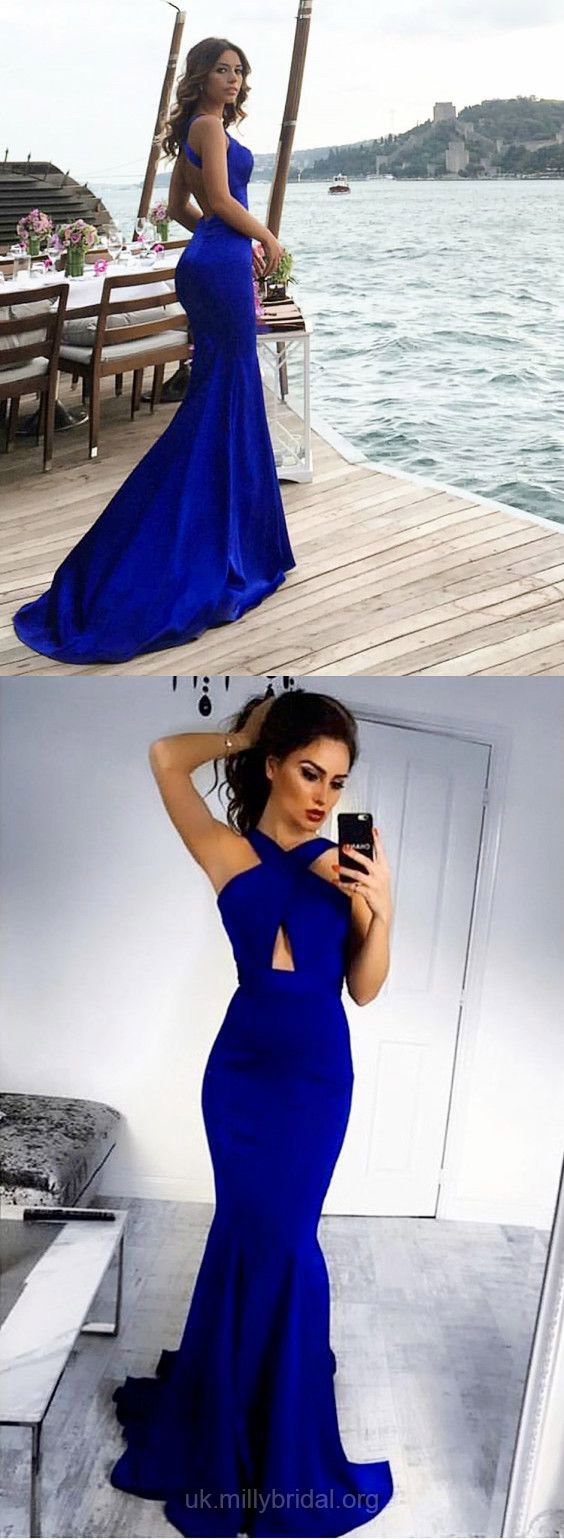 Mermaid Scoop Open Back Satin Prom Dresses With Appliques Sweep Train LBQ0278