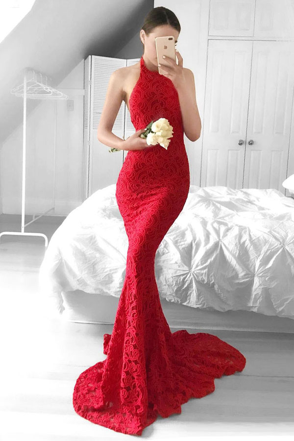 Glamorous Mermaid Red Lace Halter Backless Sweep Train Prom Dress M2006