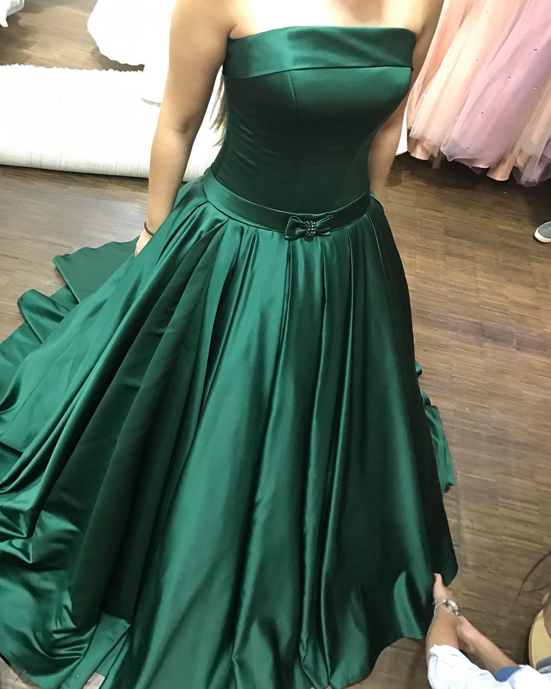 Gorgeous Strapless Long Green Prom Dress With Bow Sash,strapless Pleated Evening Dress M2007